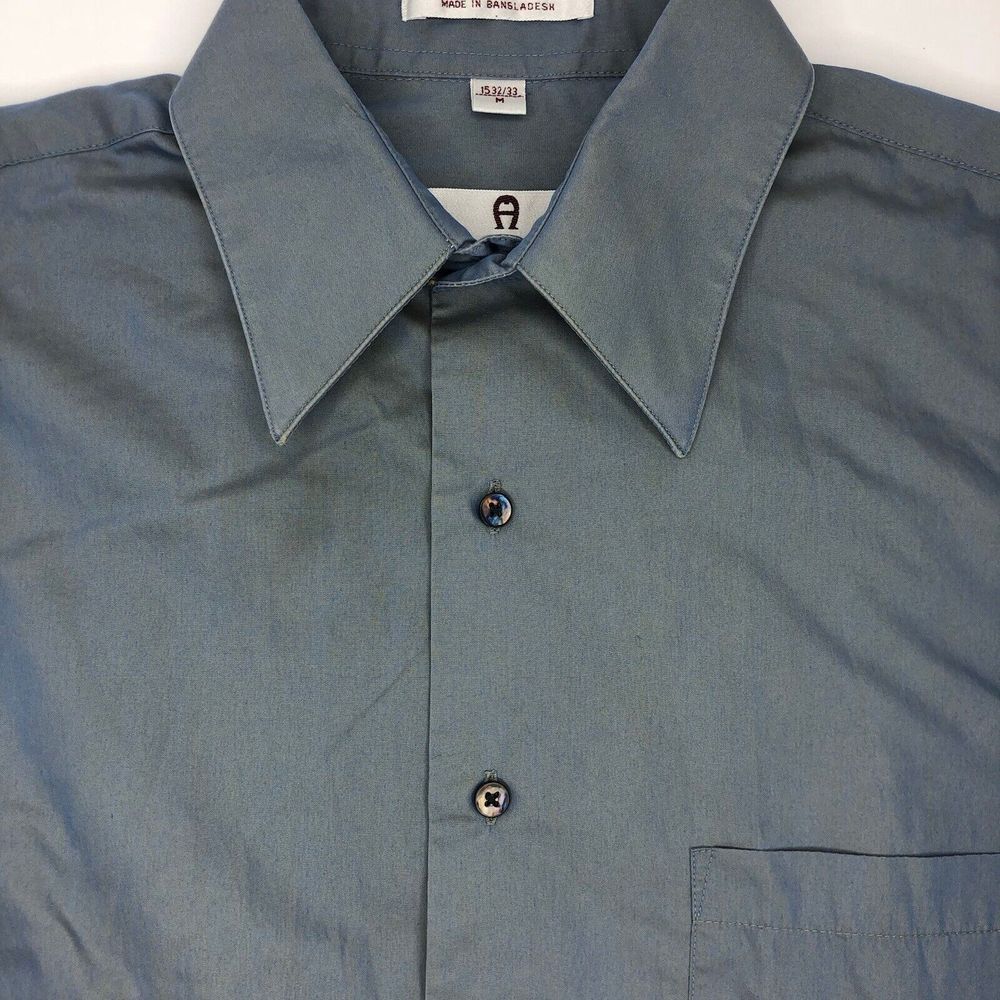 Etienne Aigner Men's Medium 15 32/33 Blue Sheen Button Front Dress Shirt